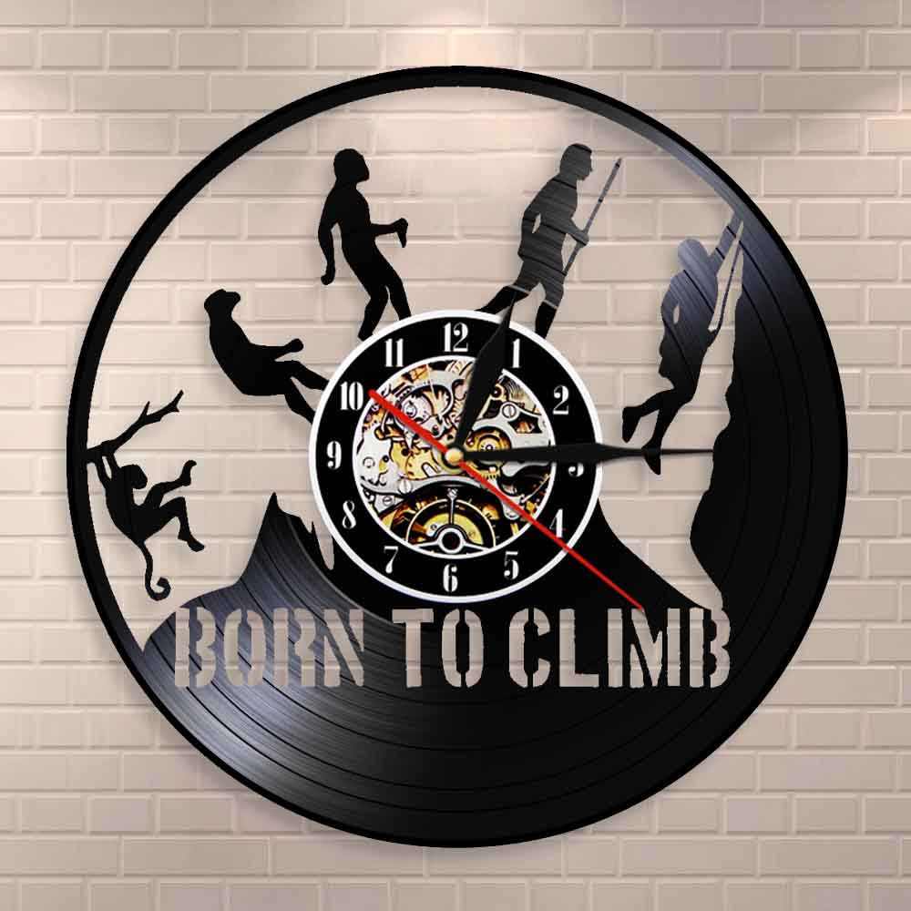 Mountain Climbing Evolution Climber Wall Clock Climbing Vinyl Record Wall Clock Born To Climb Deocrative Hiking Gifts by Woody Signs Co. - Handmade Crafted Unique Wooden Creative