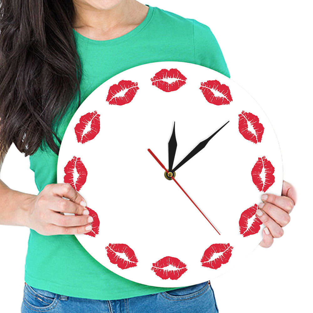 Red Lips Wall Clock Girls Room Exclusive Timekeeper Silent Sweet Kiss Fine Art Minimalist Wall Clock Gift For Her by Woody Signs Co. - Handmade Crafted Unique Wooden Creative