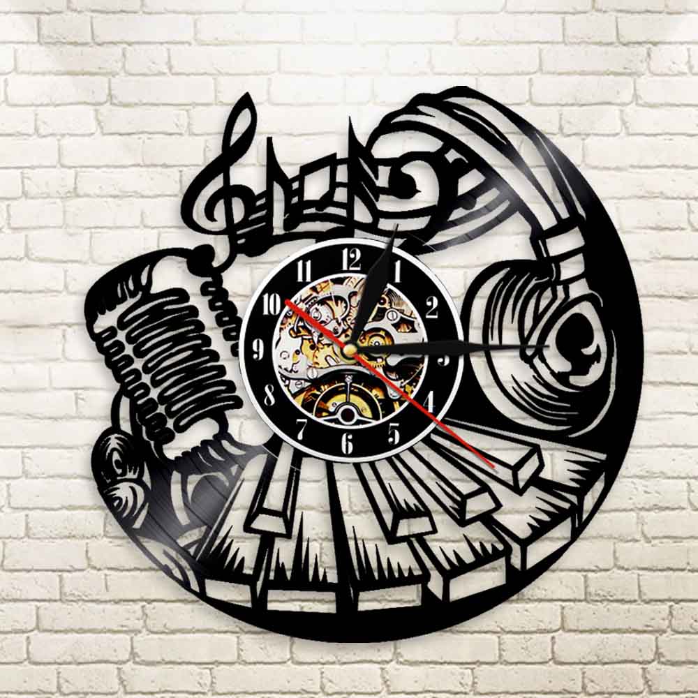Musical Wall Clock Rock and Roll Vinyl Record Clock Music Instrument Piano Microphone Headset Vinyl Clock by Woody Signs Co. - Handmade Crafted Unique Wooden Creative