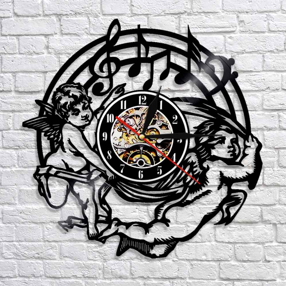 Music Notes Wall Clock Angel Kids Vinyl Record Clock Modern Baby Angels Musical Angels Clocks Music Lovers by Woody Signs Co. - Handmade Crafted Unique Wooden Creative