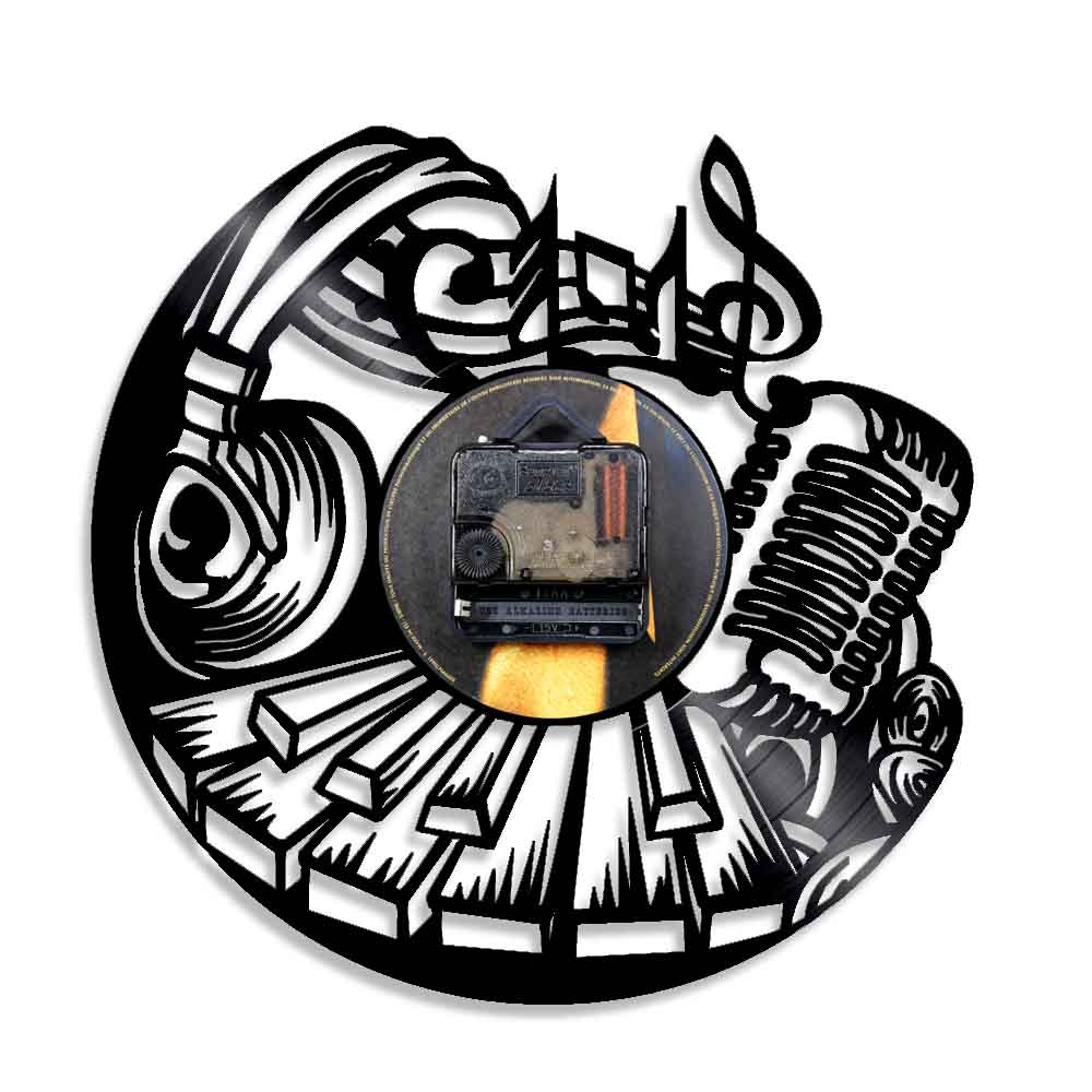 Musical Wall Clock Rock and Roll  Vinyl Record Clock Music Instrument Piano  Microphone Headset Vinyl Clock by Woody Signs Co. - Handmade Crafted Unique Wooden Creative
