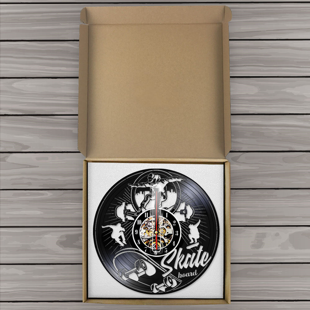 Skate Board Black Vinyl LP Wall Clock Skateboard Roller Skaters Vinyl Record Board Teenage Room Silent Quartz Clock by Woody Signs Co. - Handmade Crafted Unique Wooden Creative