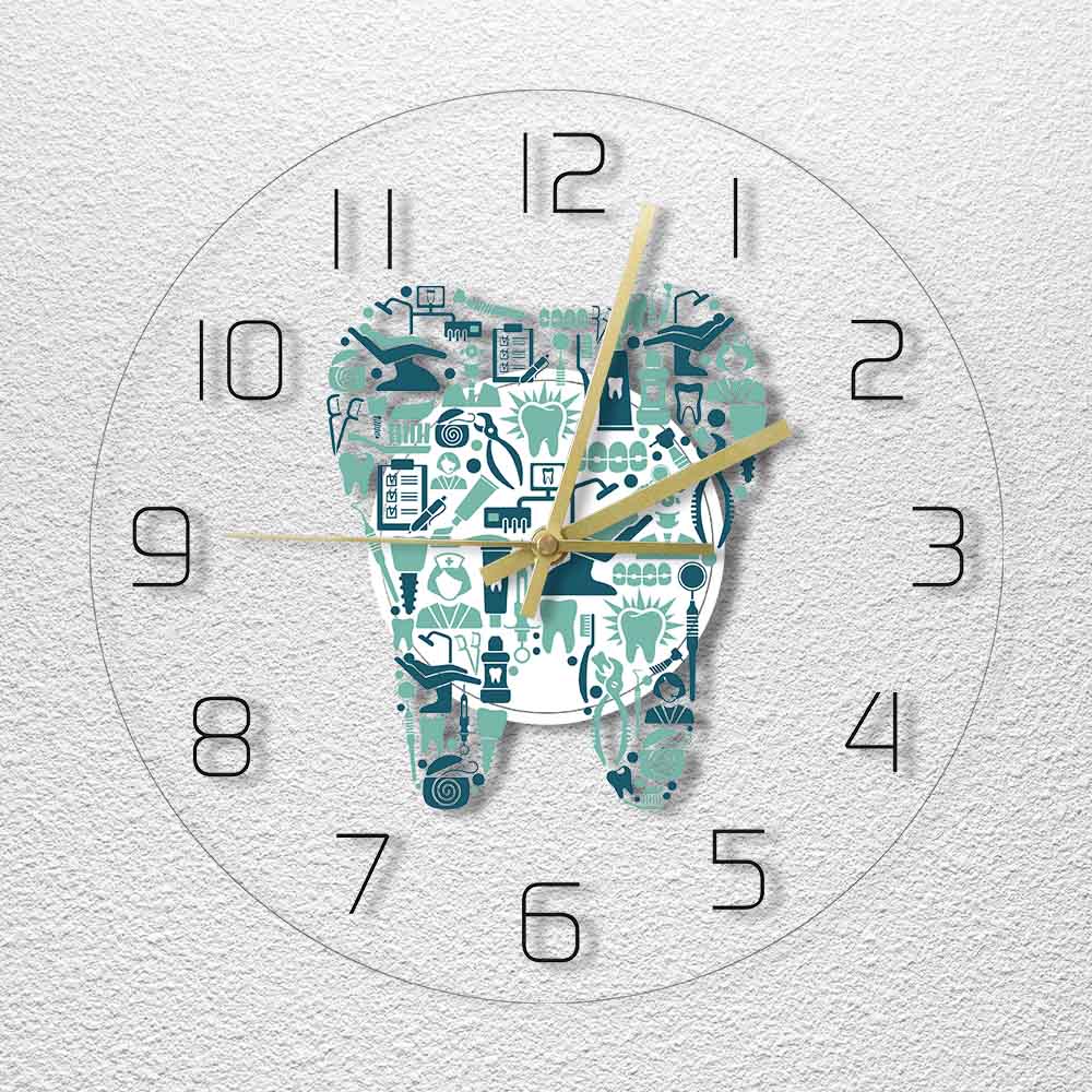 Dentistry Tooth Wall Clock Dental Care Symbols Acrylic Hanging Clock Quiet Movement Dental Department Decor Wall Sign by Woody Signs Co. - Handmade Crafted Unique Wooden Creative
