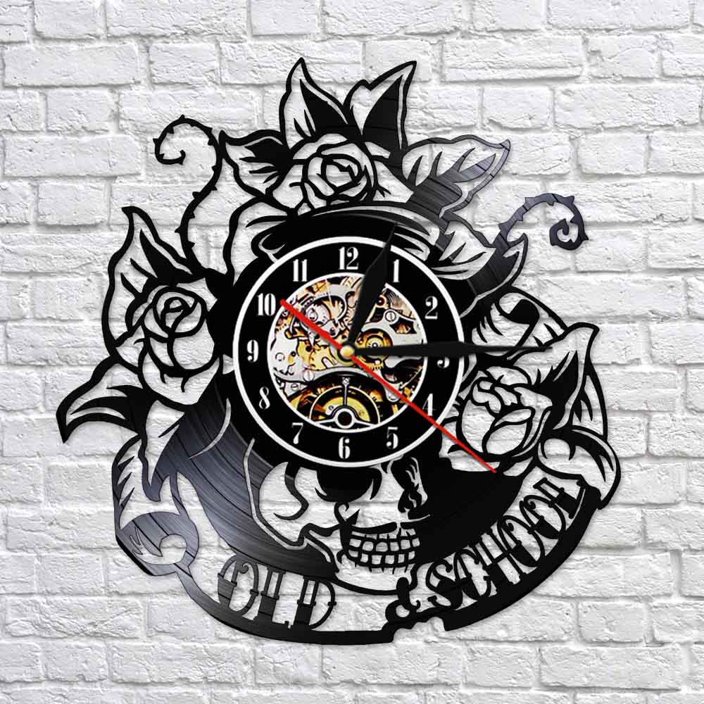 Tattoo Skull with Rose Vinyl Record Wall Clock Skeleton Skull Thorn Roses Silent Quartz Gothic Home Art by Woody Signs Co. - Handmade Crafted Unique Wooden Creative