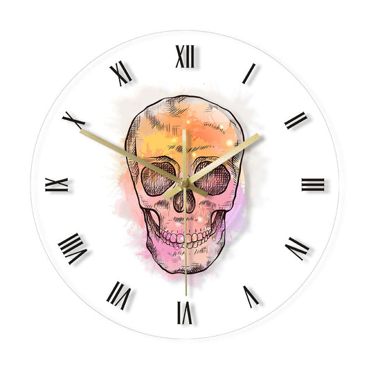 Watercolor Skull Head With Vintage Roman Numerals  Wall Clock Hand Drawn Scary Skeleton Head Retro Acrylic by Woody Signs Co. - Handmade Crafted Unique Wooden Creative
