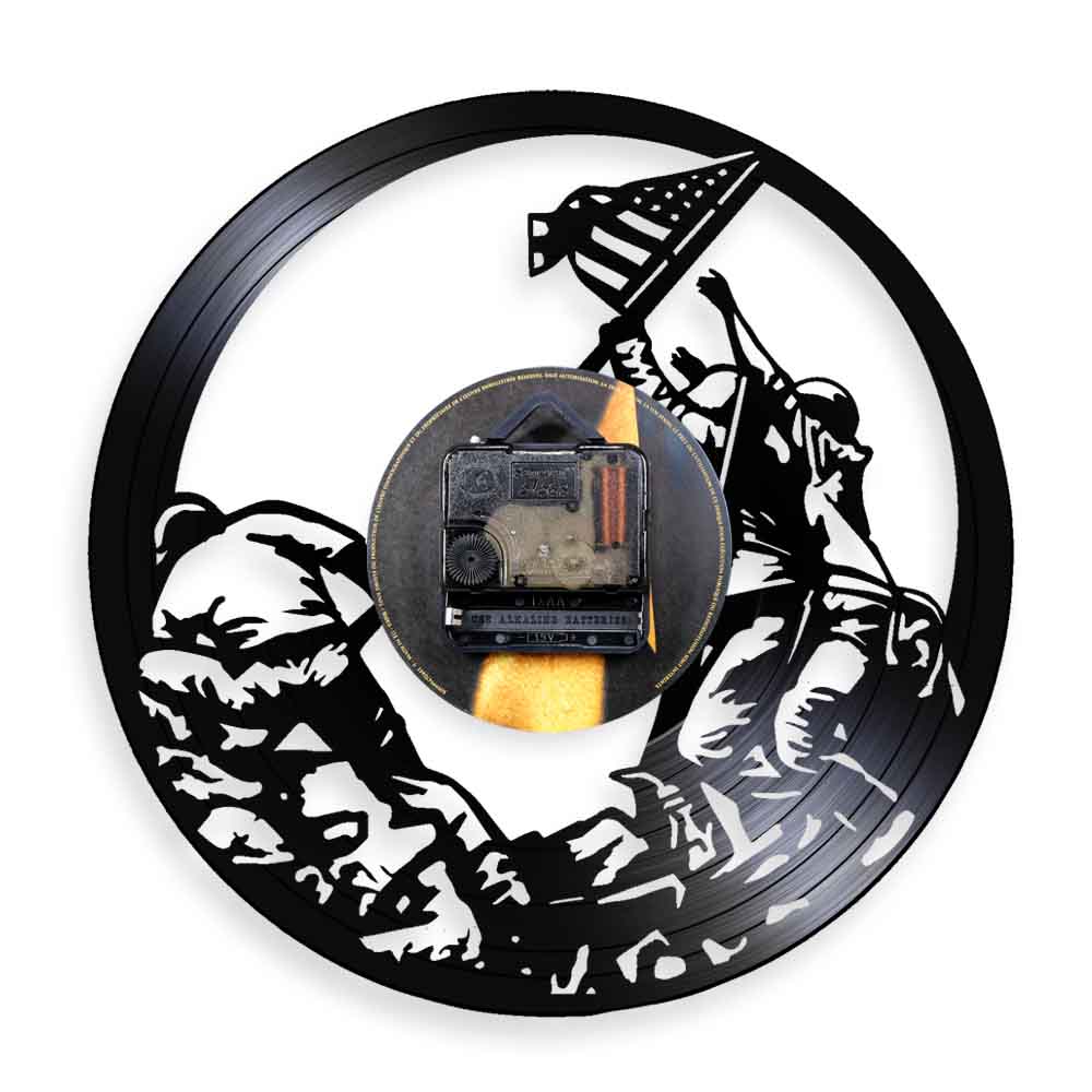 Marines Raising the Flag on Iwo Jima WWll Wall Clock WW2 United States Flag Contemporary Vinyl Record Soldiers Clock by Woody Signs Co. - Handmade Crafted Unique Wooden Creative