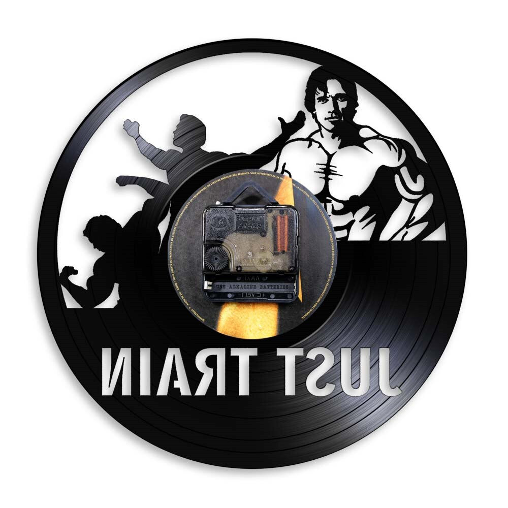 Just Train GYM Wall Clock Muscle Man Weighting Vinyl Record Wall Clock Fitness Center Clock by Woody Signs Co. - Handmade Crafted Unique Wooden Creative