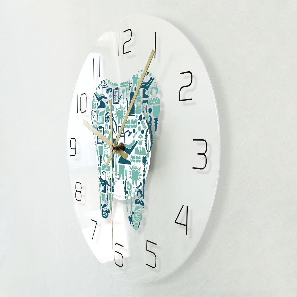 Dentistry Tooth Wall Clock Dental Care Symbols Acrylic Hanging Clock Quiet Movement Dental Department Decor Wall Sign by Woody Signs Co. - Handmade Crafted Unique Wooden Creative