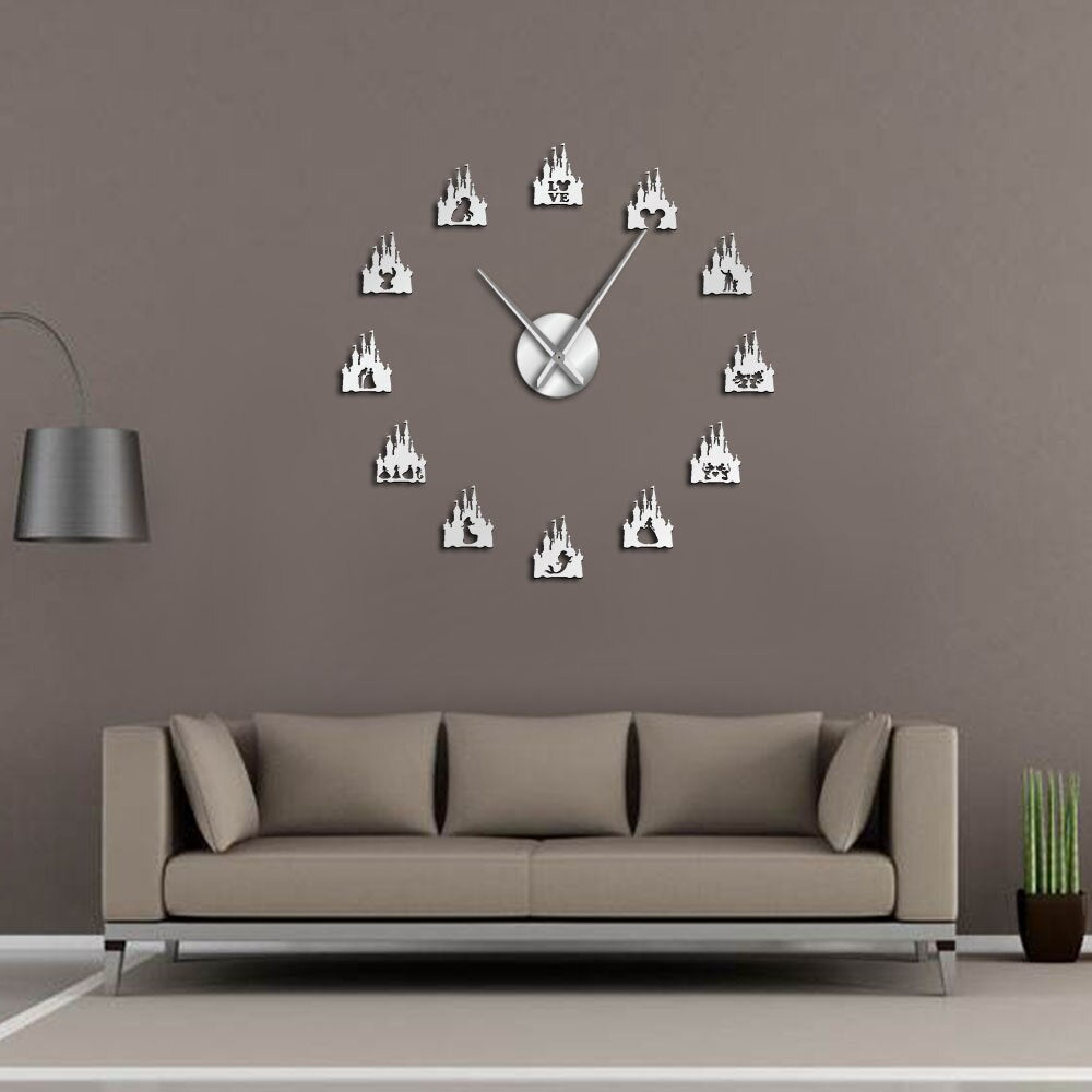 Princess Castle DIY Giant Wall Clock Girl Room Cartoon Style Silent Frameless Acrylic Mirror Effect Stickers by Woody Signs Co. - Handmade Crafted Unique Wooden Creative
