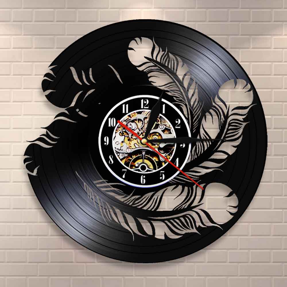 Bird Feathers Wall Art Wall Clock Natural Interior Vinyl Record Wall Clock Modern Hanging Watch Bird Pet Owners by Woody Signs Co. - Handmade Crafted Unique Wooden Creative