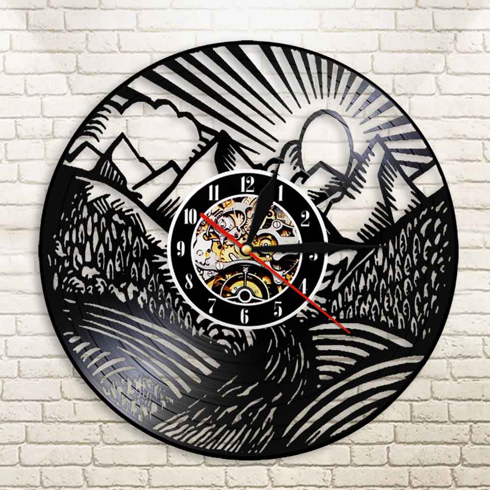 Mountain Landscape Wall Clock Scenic Landscape Mountain Peak Gold Sun Vinyl Record Wall Clock Traveller Adventurer Gift by Woody Signs Co. - Handmade Crafted Unique Wooden Creative