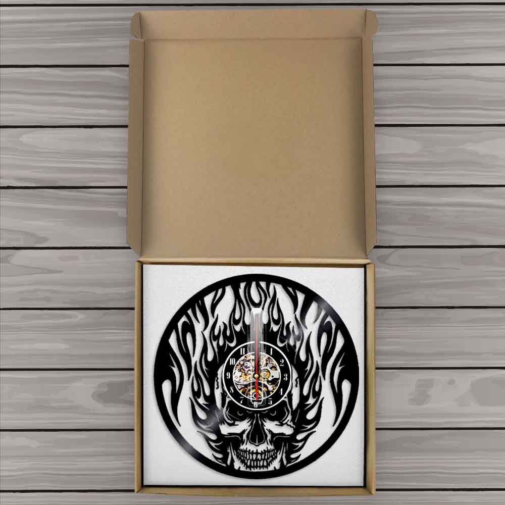 Flaming Skull Wall Clock Skull Head On Fire Vinyl Record Wall Clock Fire Burning Skeleton Halloween Clock by Woody Signs Co. - Handmade Crafted Unique Wooden Creative