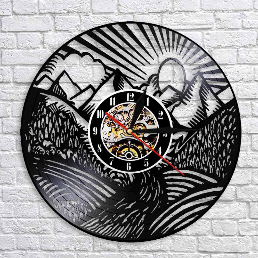 Mountain Landscape Wall Clock Scenic Landscape Mountain Peak Gold Sun Vinyl Record Wall Clock Traveller Adventurer Gift by Woody Signs Co. - Handmade Crafted Unique Wooden Creative