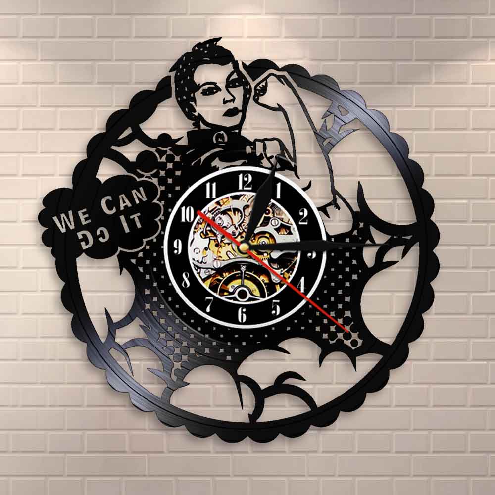 We Can Do It Girl Power Rosie the Riveter Feminist Modern Wall Clock Strong Woman Protest Signs Vinyl Record Clock by Woody Signs Co. - Handmade Crafted Unique Wooden Creative