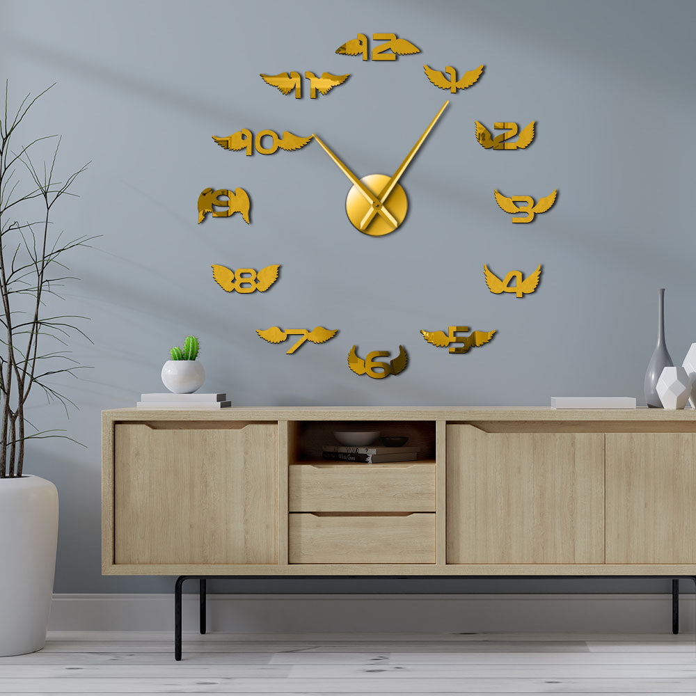 Angel Wings With Number Modern DIY Large Wall Clock Bird Wings Nursery Kid Room Minimalist Big Frameless by Woody Signs Co. - Handmade Crafted Unique Wooden Creative