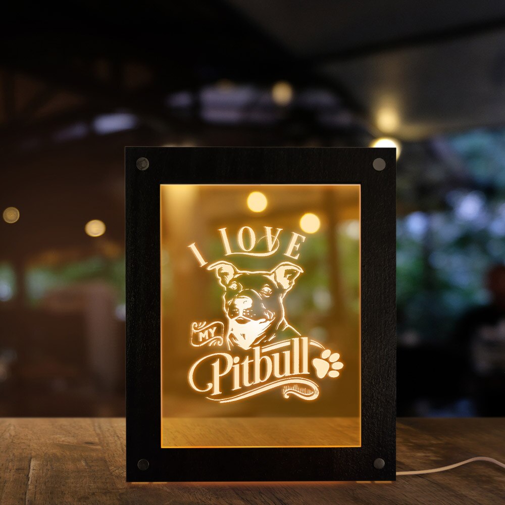 I Love My Pitbull 3D Optical illusion Lamp  Pit Bull Dog Led Photo Frame Bedroom Night Light Dog Breed Memorial by Woody Signs Co. - Handmade Crafted Unique Wooden Creative