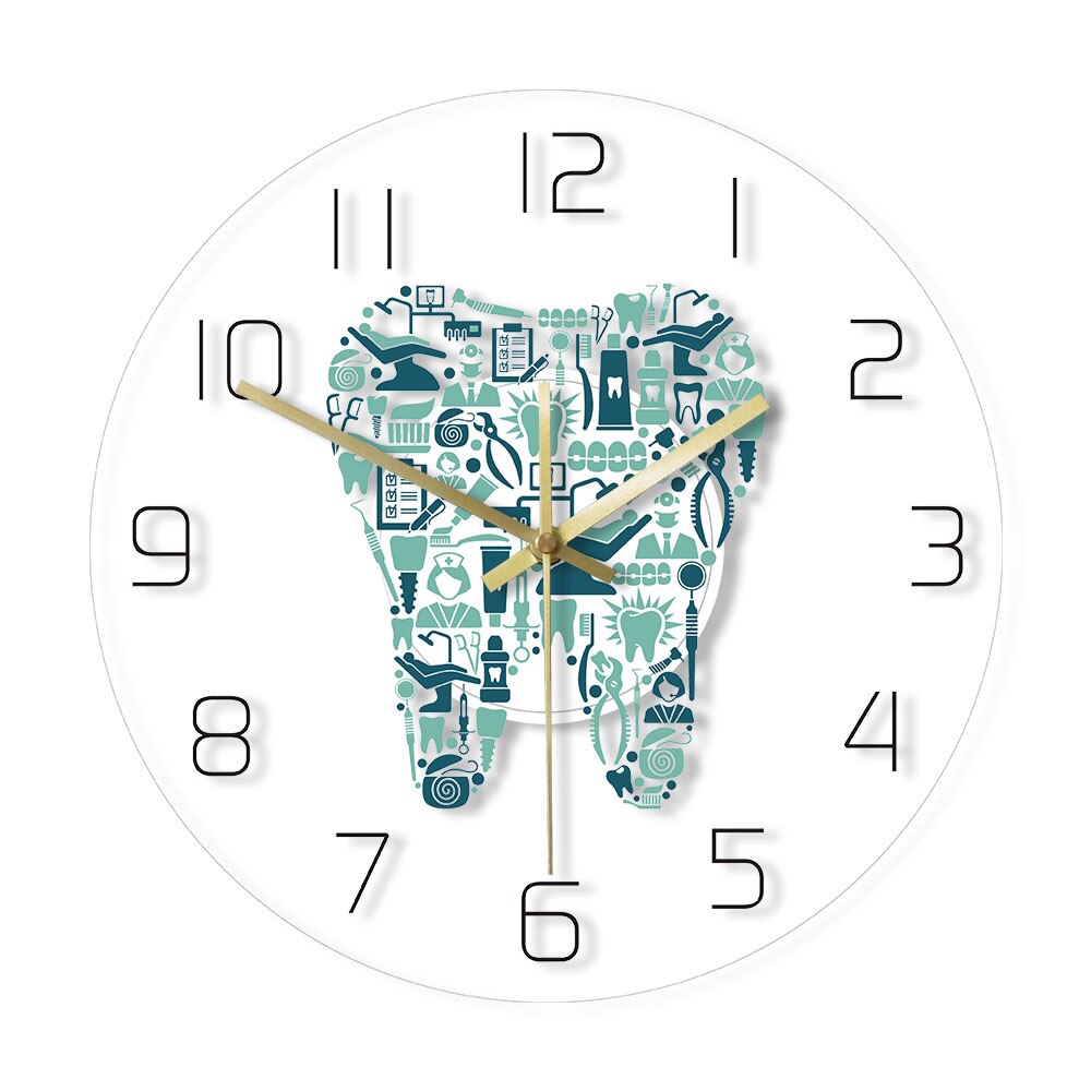 Dentistry Tooth Wall Clock Dental Care Symbols Acrylic Hanging Clock Quiet Movement Dental Department Decor Wall Sign by Woody Signs Co. - Handmade Crafted Unique Wooden Creative