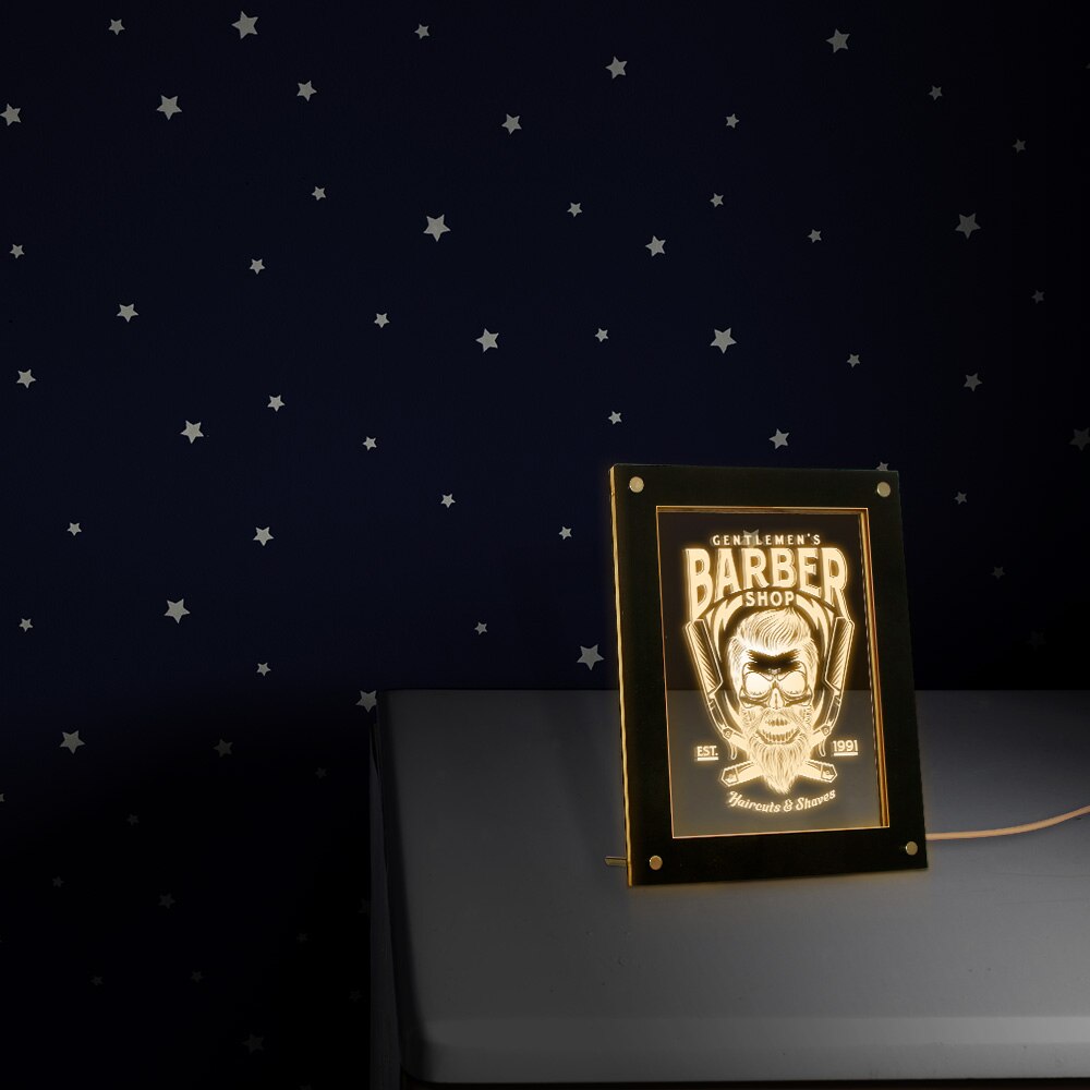 Gentlemen's Barber Shop Desktop LED Lighting Advertisement Board Custom Barber Logo Business Sign Haircuts & Shave Wooden Frame by Woody Signs Co. - Handmade Crafted Unique Wooden Creative