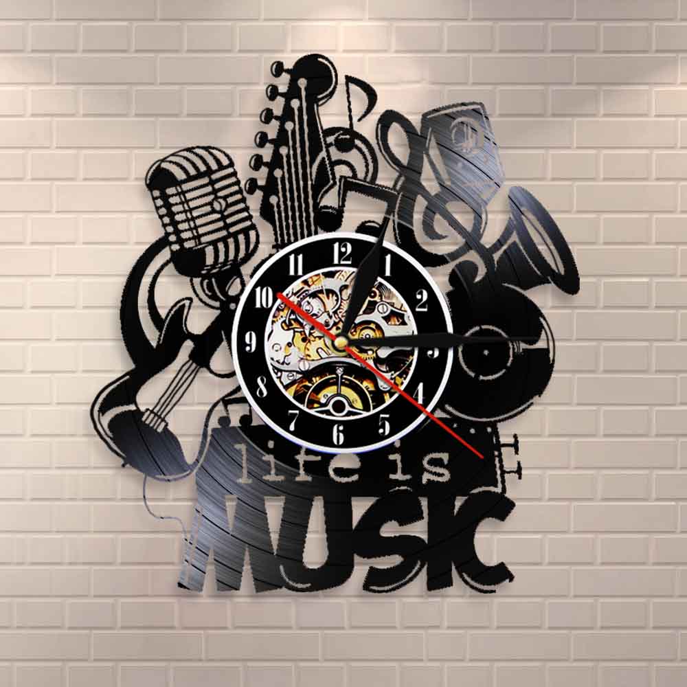 Life Is Music Wall Clock Modern Clock Make Of Vinyl Record Music Instruments Clock Unique For Music Lovers by Woody Signs Co. - Handmade Crafted Unique Wooden Creative
