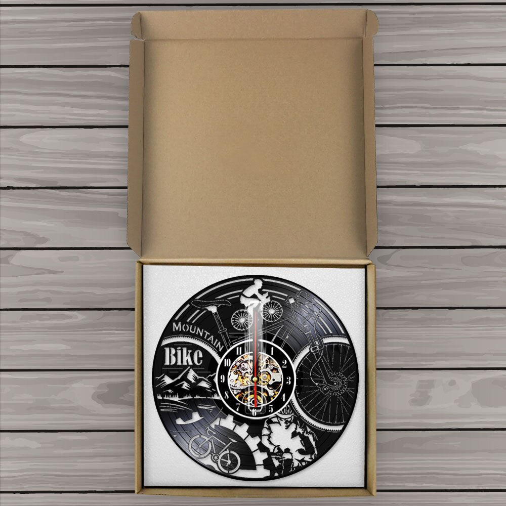 Mountain Bike Vinyl Record Wall Clock Mountain Biking Black Retro Silent Adventure Bicycle by Woody Signs Co. - Handmade Crafted Unique Wooden Creative