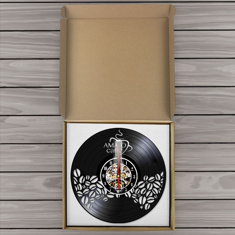 Amato Caffe Vinyl Record Clock Coffee Beans Design Hanging Silent Watch Coffee Lover Gift Coffee Bar Shop Wall Sign by Woody Signs Co. - Handmade Crafted Unique Wooden Creative