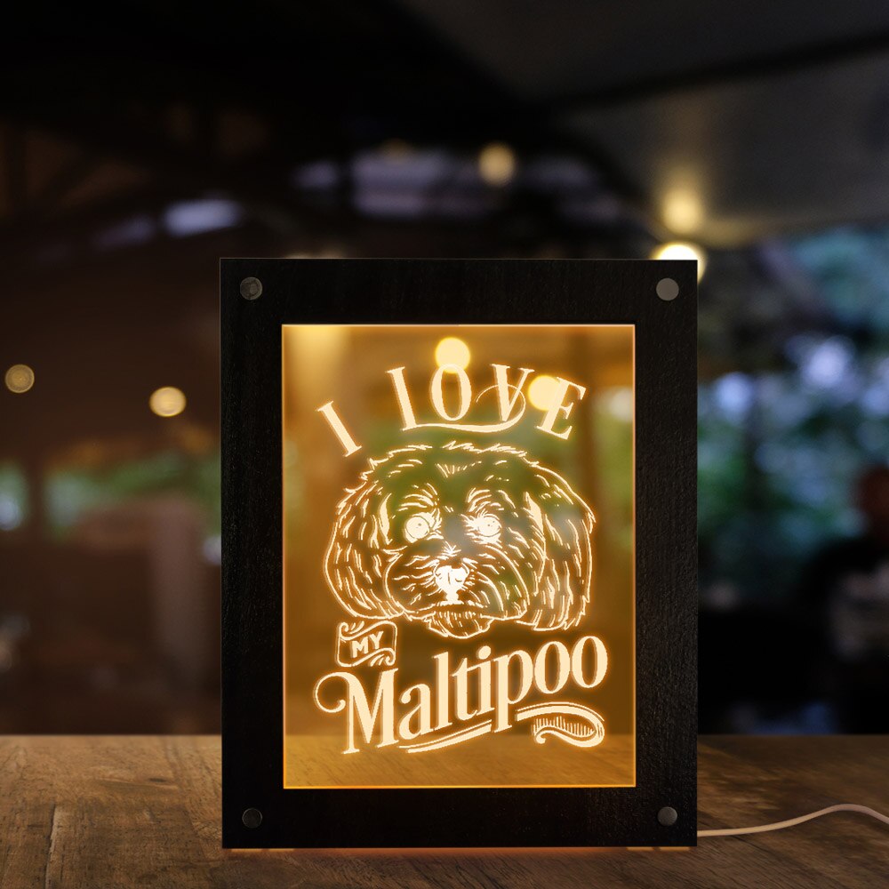 I Love My Maltipoo Maltese Poodle Mixed Breed Dog Acrylic LED Edge Lit Wooden Picture Frame Kid Room Bedside Sleepy Night Light by Woody Signs Co. - Handmade Crafted Unique Wooden Creative
