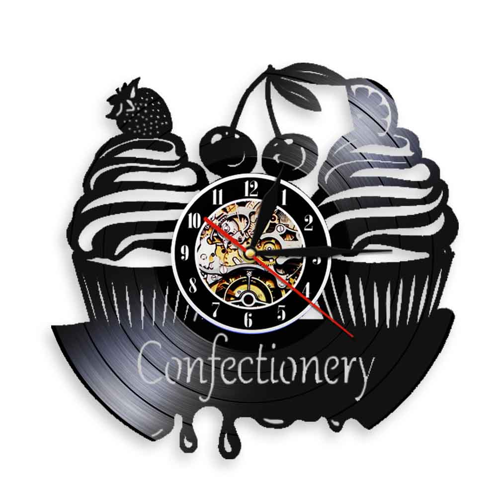Confectionery Business Wall Sign Modern Wall Clock Sweets Cupcake Vinyl Record Wall Clock Bakery Cherry Cake Clock by Woody Signs Co. - Handmade Crafted Unique Wooden Creative