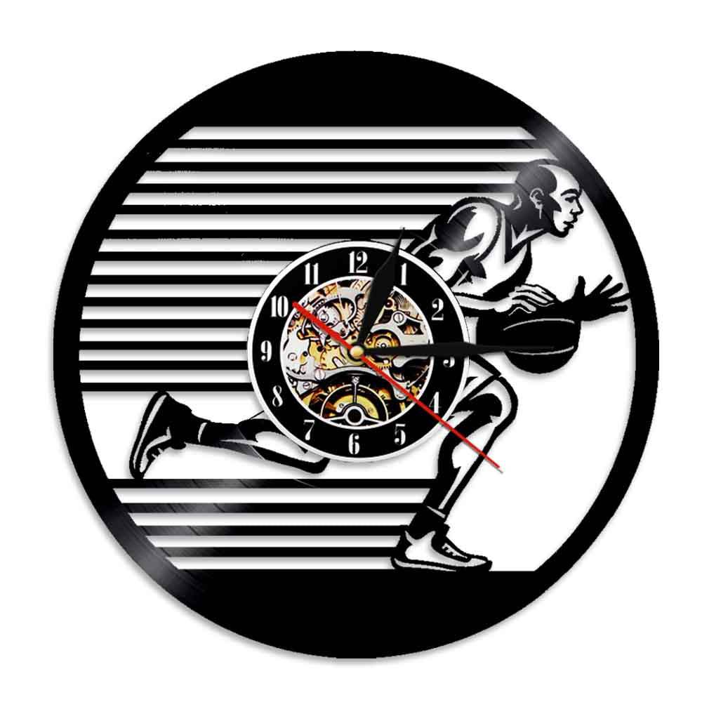 Basketball Players Silhouette Vinyl Record Wall Clock Silent Hanging Watch Slam Dunk Basketball Sports by Woody Signs Co. - Handmade Crafted Unique Wooden Creative