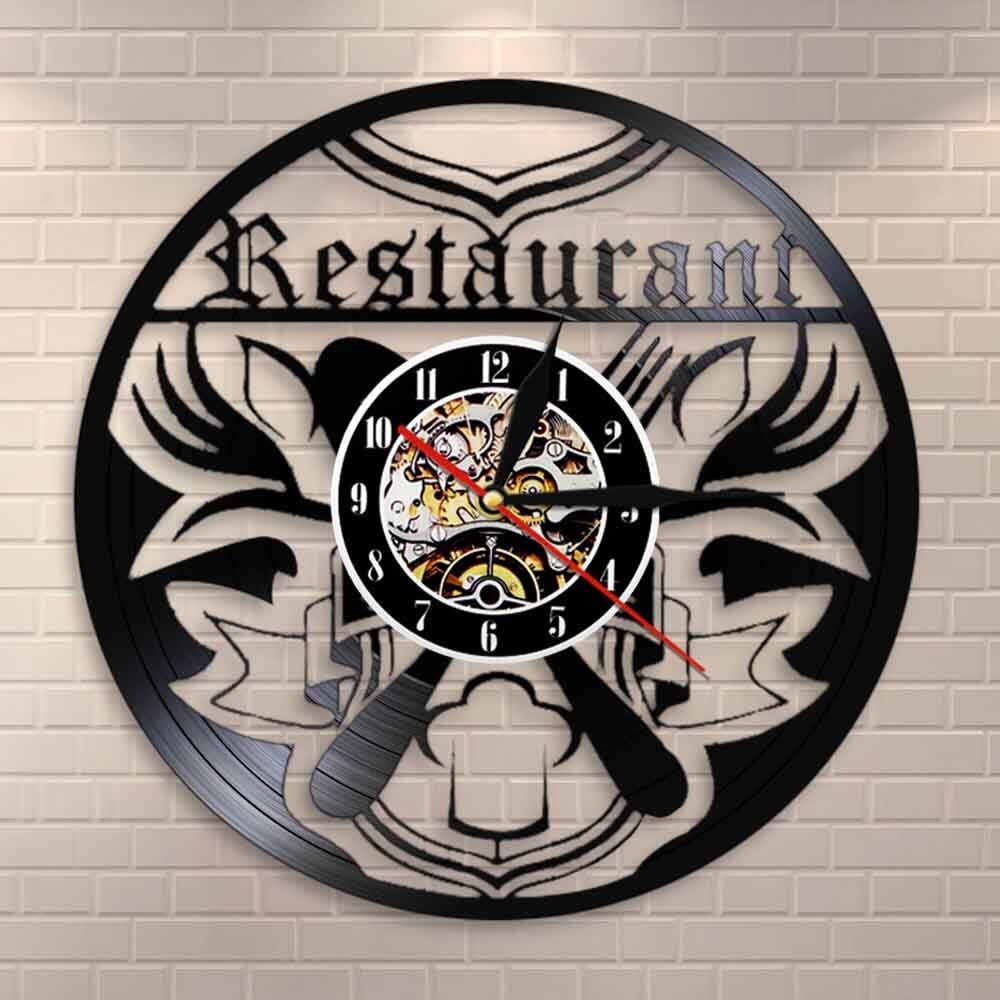 Restaurant Business Sign Clock Kitchen Vinyl Record Wall Clock Eatery Chef Foodie Knife Fork Time Clock by Woody Signs Co. - Handmade Crafted Unique Wooden Creative
