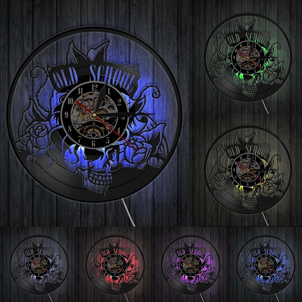 Old School Art Tattoo Studio Wall Sign Silent Vinyl Record Wall Clock Skull with Flower Watch Decor Hipster Men Gift by Woody Signs Co. - Handmade Crafted Unique Wooden Creative