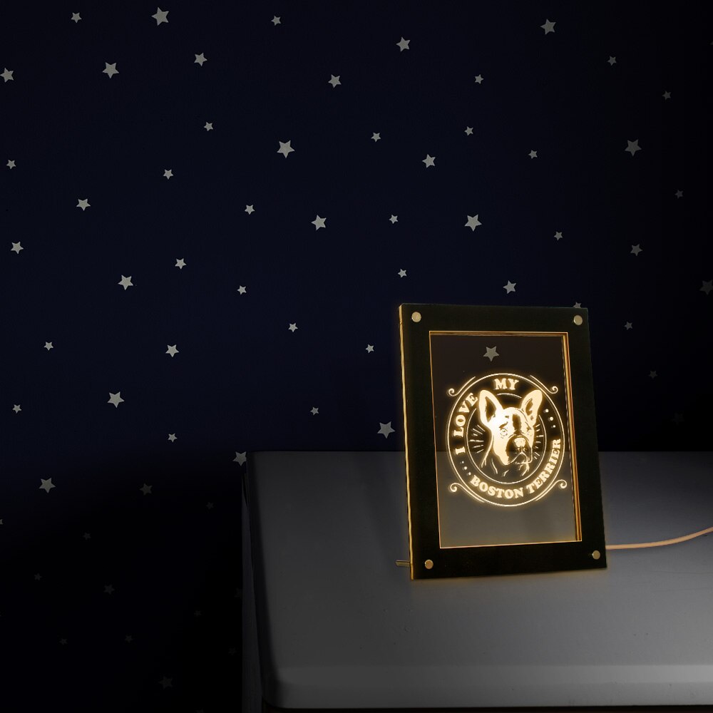 I Love My Boston Terrier Dog Breed LED Illuminated Acrylic Display Sign Boston Bull Terrier Custom Dog Picture Text Wooden Frame by Woody Signs Co. - Handmade Crafted Unique Wooden Creative