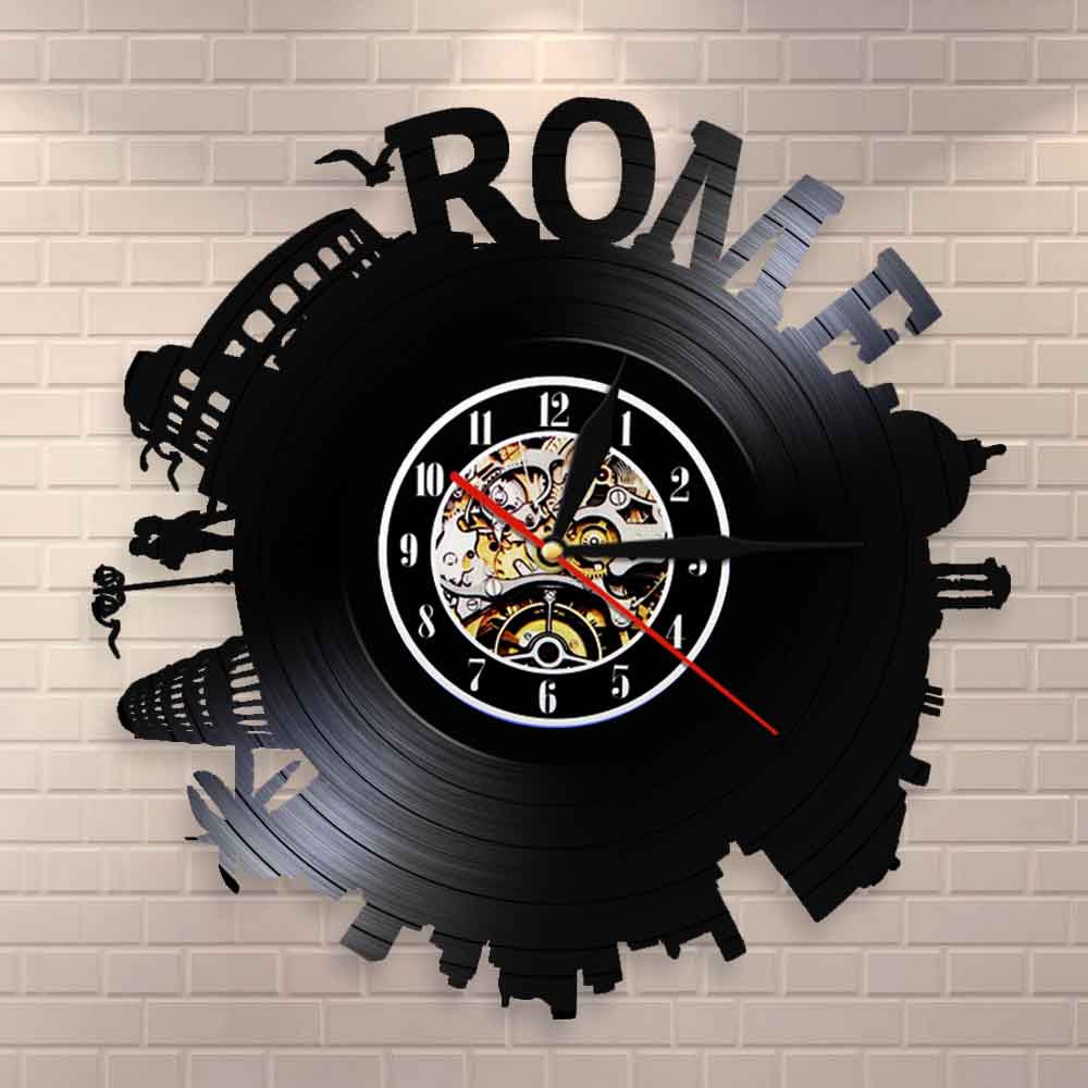 Rome City Skyline Colosseum Wall Clock Italy Capital Skyround Rome Cityscape Vinyl Record Wall Clock Memorabilia by Woody Signs Co. - Handmade Crafted Unique Wooden Creative