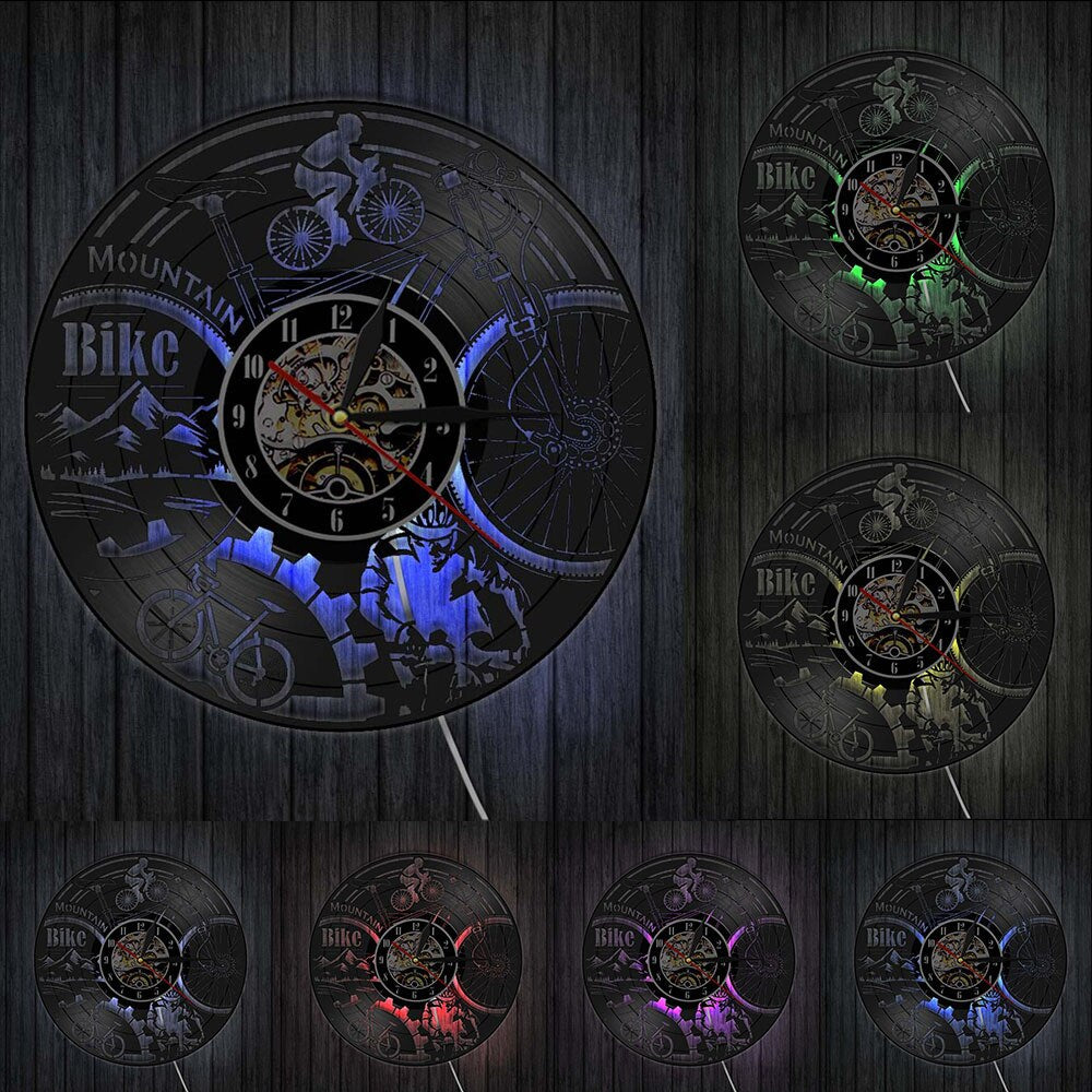 Mountain Bike Vinyl Record Wall Clock Mountain Biking Black Retro Silent Adventure Bicycle by Woody Signs Co. - Handmade Crafted Unique Wooden Creative