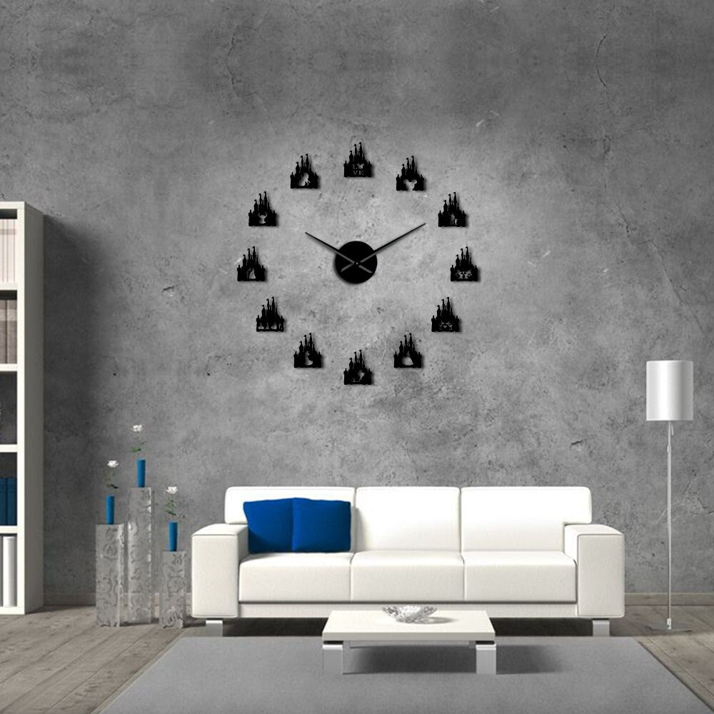 Princess Castle DIY Giant Wall Clock Girl Room Cartoon Style Silent Frameless Acrylic Mirror Effect Stickers by Woody Signs Co. - Handmade Crafted Unique Wooden Creative