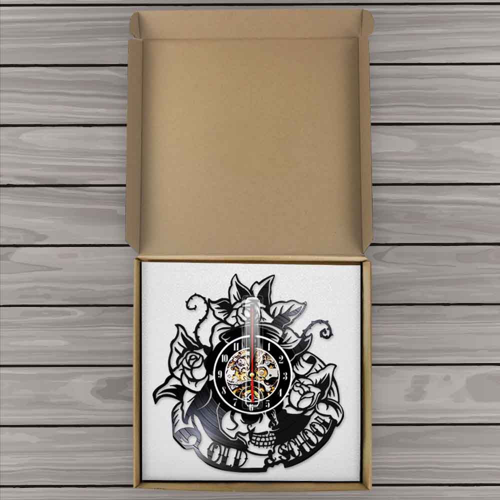 Tattoo Skull with Rose Vinyl Record Wall Clock Skeleton Skull Thorn Roses Silent Quartz Gothic Home Art by Woody Signs Co. - Handmade Crafted Unique Wooden Creative
