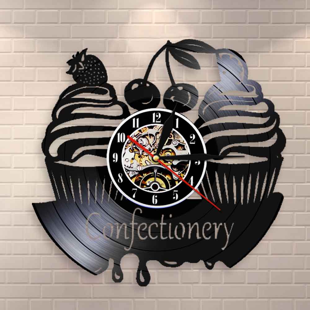 Confectionery Business Wall Sign Modern Wall Clock Sweets Cupcake Vinyl Record Wall Clock Bakery Cherry Cake Clock by Woody Signs Co. - Handmade Crafted Unique Wooden Creative