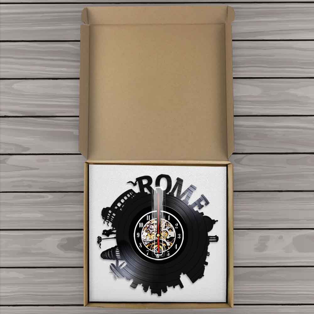 Rome City Skyline Colosseum Wall Clock Italy Capital Skyround Rome Cityscape Vinyl Record Wall Clock Memorabilia by Woody Signs Co. - Handmade Crafted Unique Wooden Creative