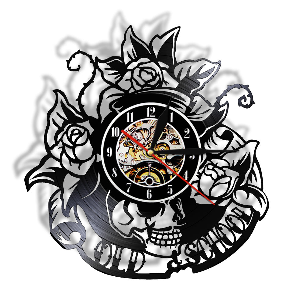Tattoo Skull with Rose Vinyl Record Wall Clock Skeleton Skull Thorn Roses Silent Quartz Gothic Home Art by Woody Signs Co. - Handmade Crafted Unique Wooden Creative