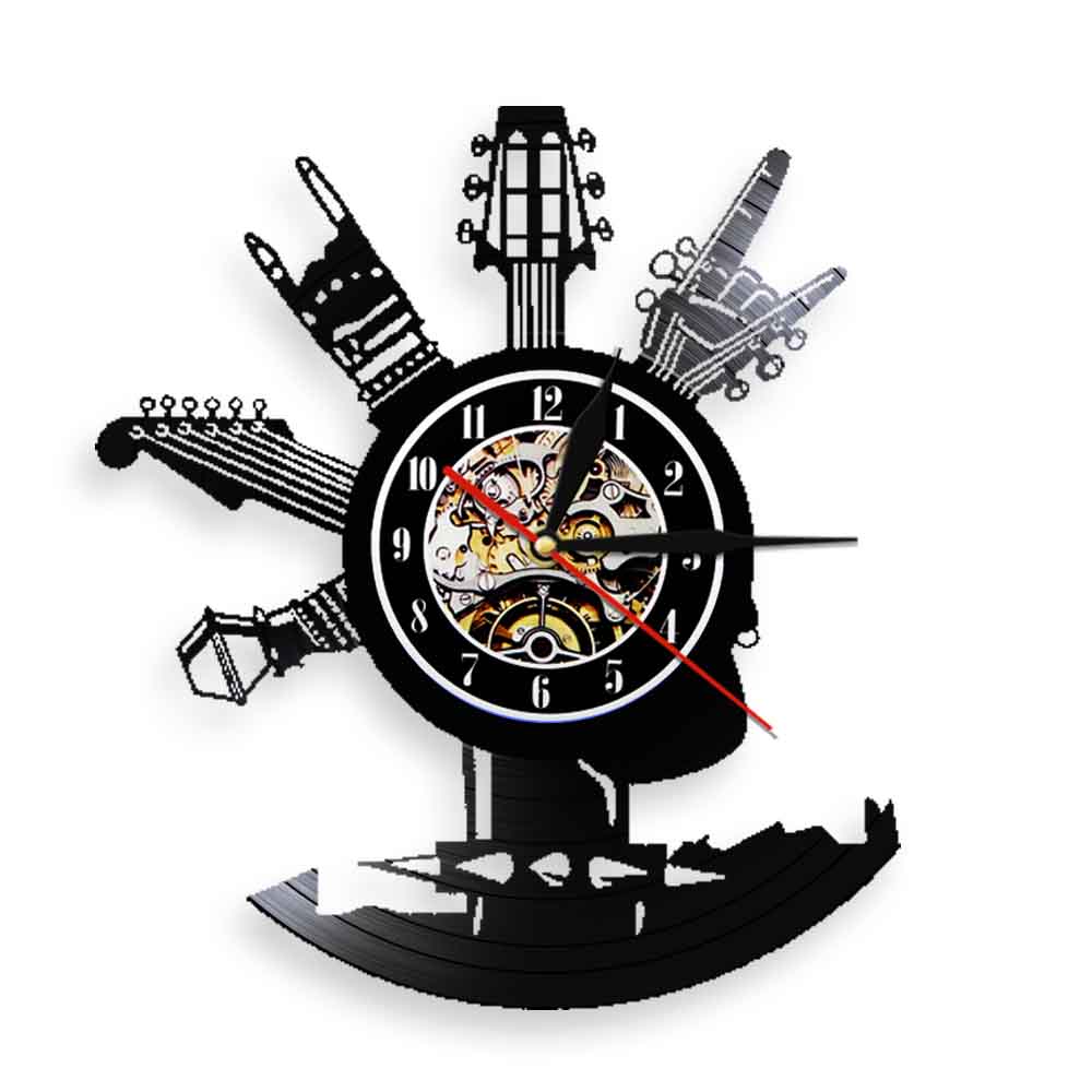Guitar Vinyl Record Wall Clock Musical Instruments Gifts For Rock Music Fans Home Art Design Decor Clock by Woody Signs Co. - Handmade Crafted Unique Wooden Creative