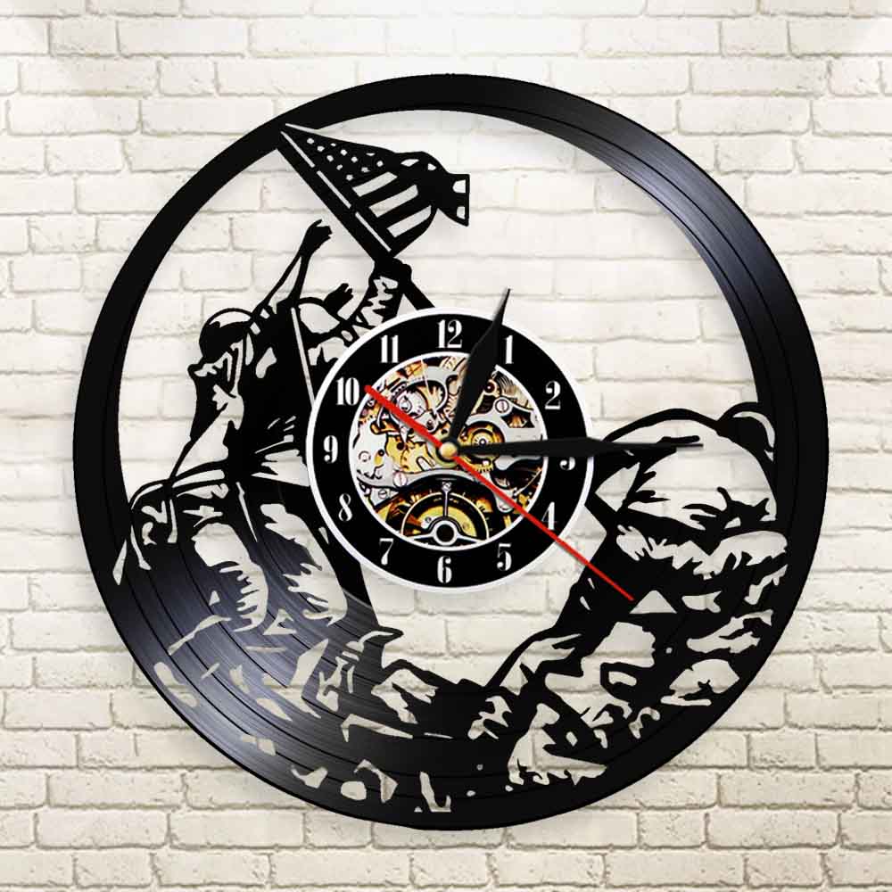 Marines Raising the Flag on Iwo Jima WWll Wall Clock WW2 United States Flag Contemporary Vinyl Record Soldiers Clock by Woody Signs Co. - Handmade Crafted Unique Wooden Creative