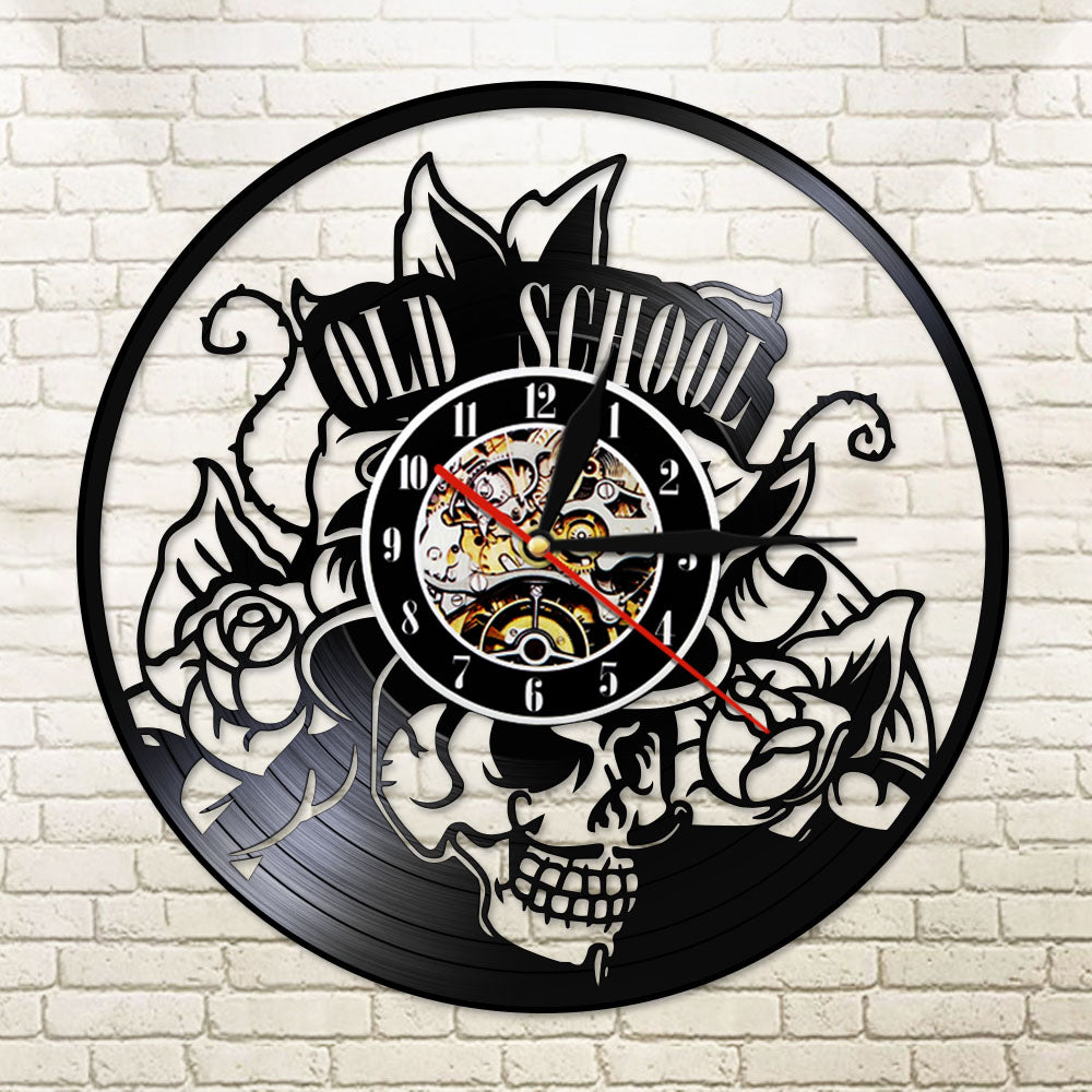 Old School Art Tattoo Studio Wall Sign Silent Vinyl Record Wall Clock Skull with Flower Watch Decor Hipster Men Gift by Woody Signs Co. - Handmade Crafted Unique Wooden Creative