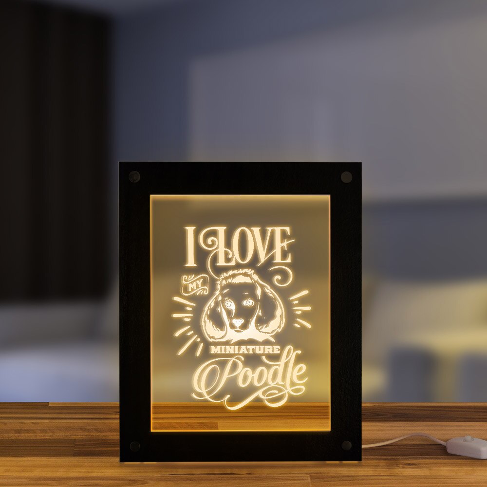 I Love My Miniature Poodle LED Acrylic Display Sign Poodle Portrait Lighting Photo Desktop Wood Frame Night Lamp by Woody Signs Co. - Handmade Crafted Unique Wooden Creative