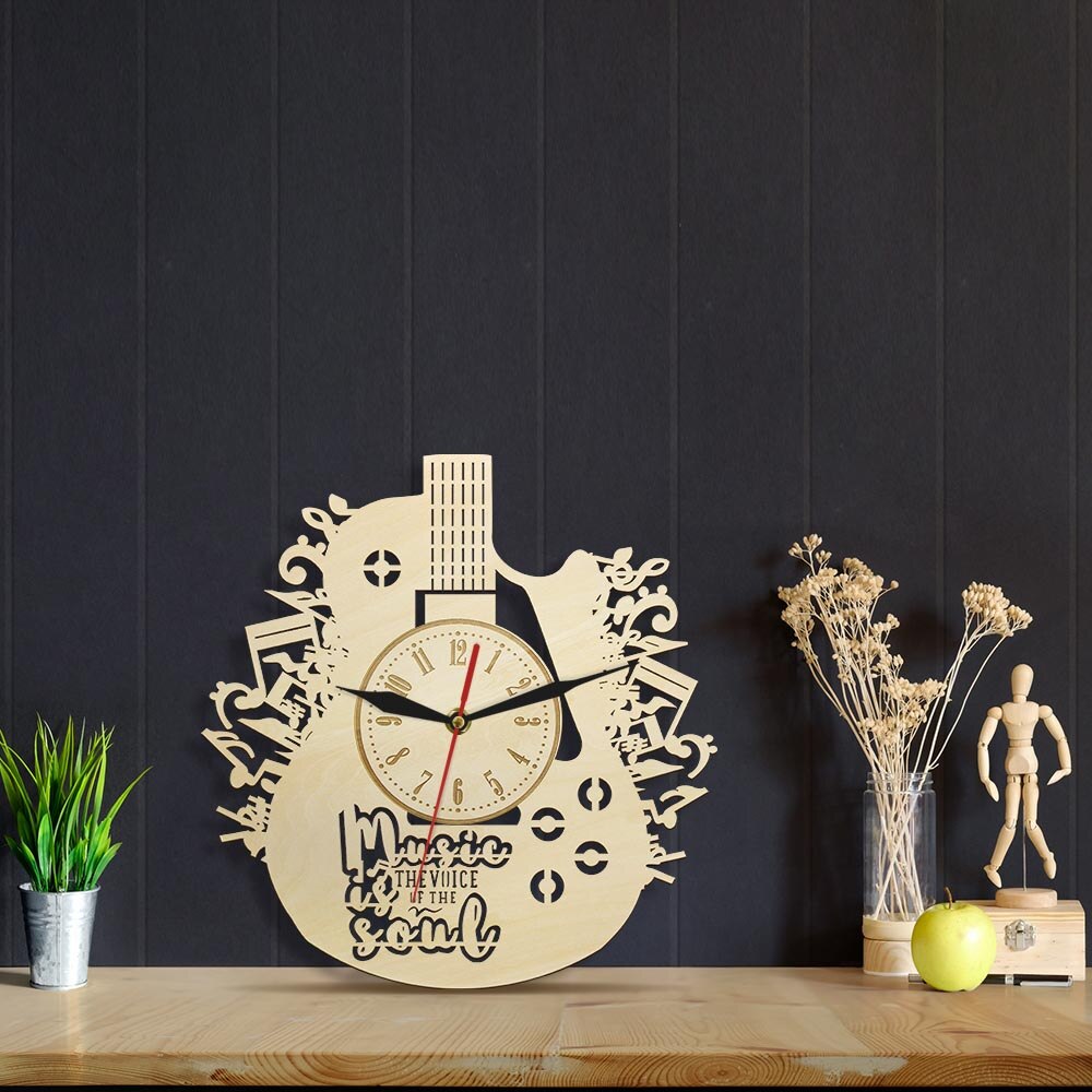 Music Is The Voice Of The Soul Guitar Rustic Wood Wall Clock Inspirational Musical Quote Eco Friendly Decor (12 inch) by Woody Signs Co. - Handmade Crafted Unique Wooden Creative
