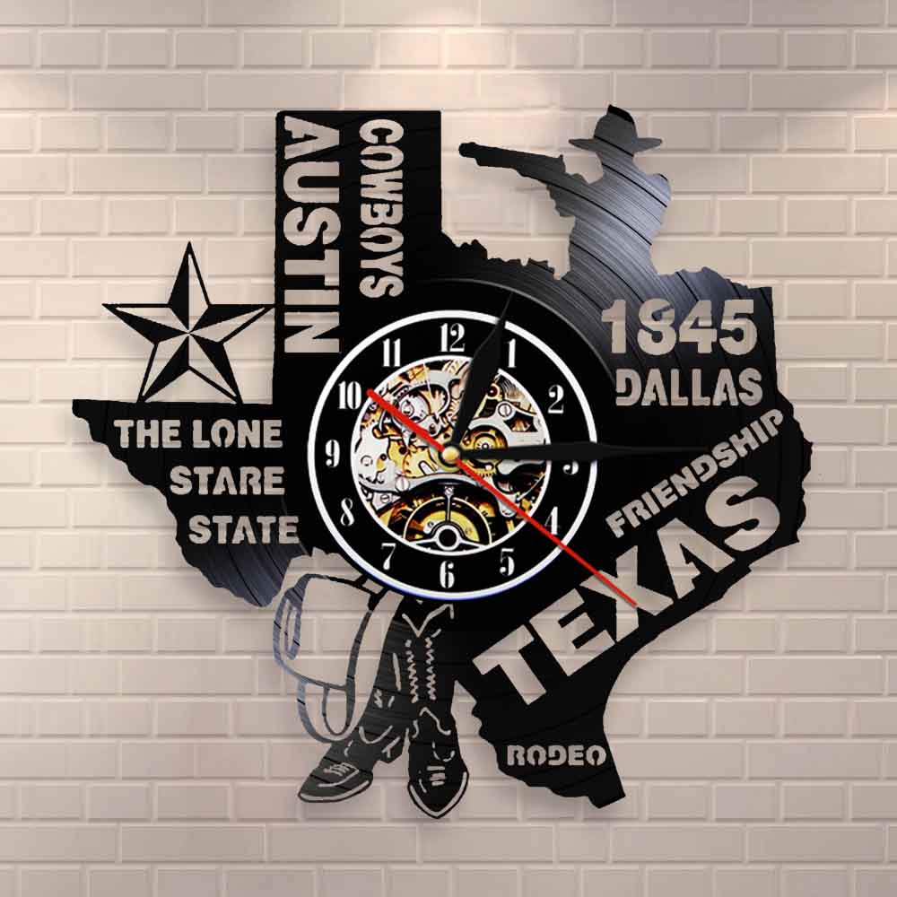 Rodeo Texas State Wall Clock The Lone Stare State Dallas Vinyl Record Clock Austin Cowboys Modern Patriotic Wall Clock by Woody Signs Co. - Handmade Crafted Unique Wooden Creative