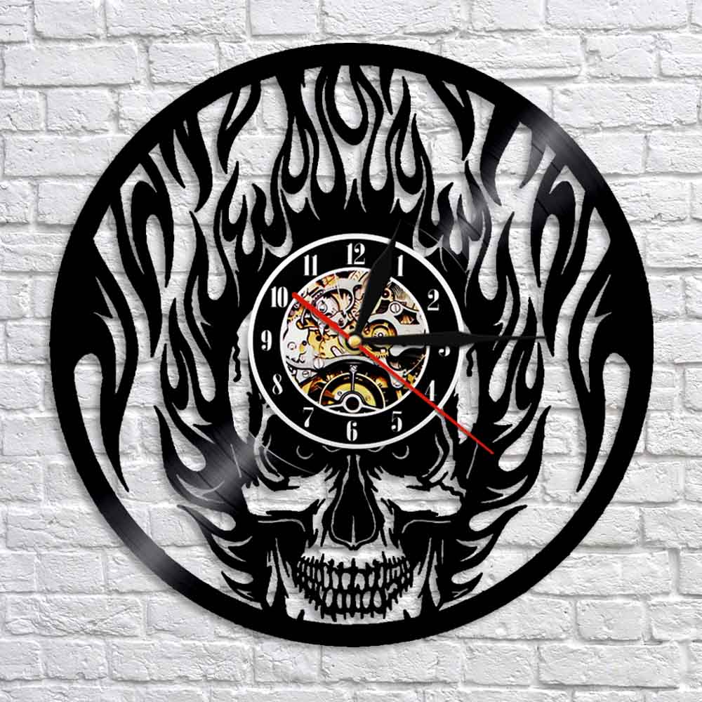 Flaming Skull Wall Clock Skull Head On Fire Vinyl Record Wall Clock Fire Burning Skeleton Halloween Clock by Woody Signs Co. - Handmade Crafted Unique Wooden Creative