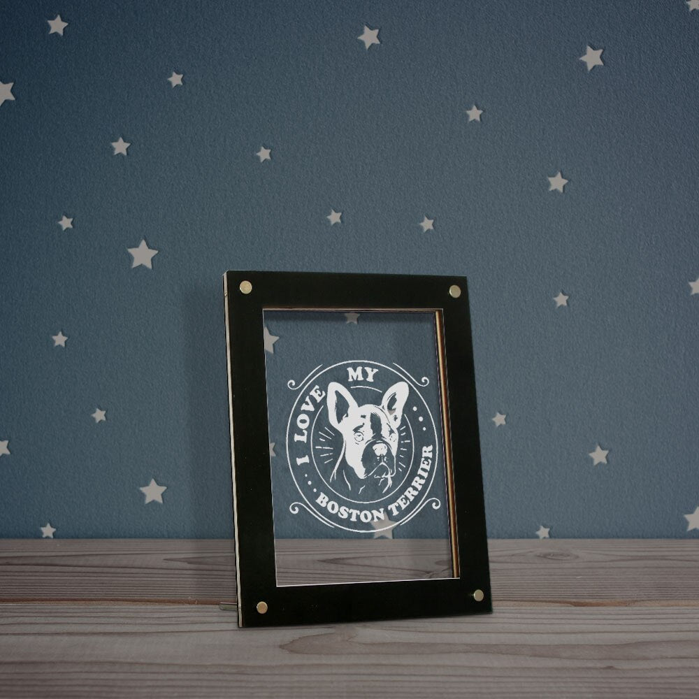I Love My Boston Terrier Dog Breed LED Illuminated Acrylic Display Sign Boston Bull Terrier Custom Dog Picture Text Wooden Frame by Woody Signs Co. - Handmade Crafted Unique Wooden Creative