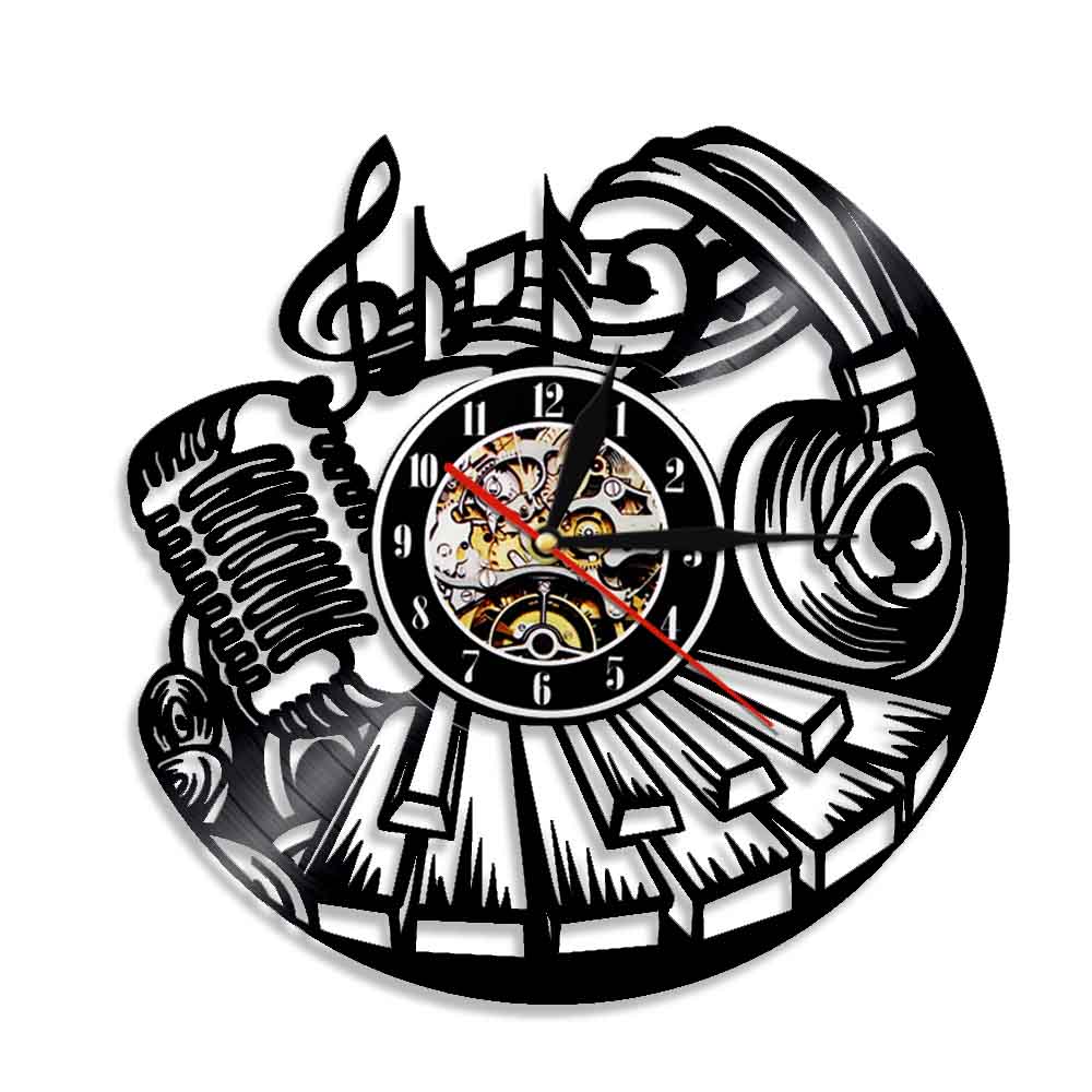 Musical Wall Clock Rock and Roll Vinyl Record Clock Music Instrument Piano Microphone Headset Vinyl Clock by Woody Signs Co. - Handmade Crafted Unique Wooden Creative