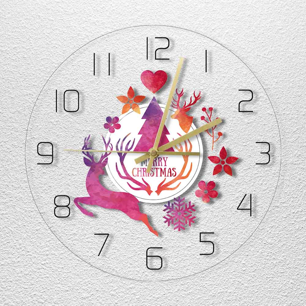 Merry Christmas Watercolor Deer Painting Print Modern Simple Wall Clock Holiday Hanging Timepiece New Year by Woody Signs Co. - Handmade Crafted Unique Wooden Creative
