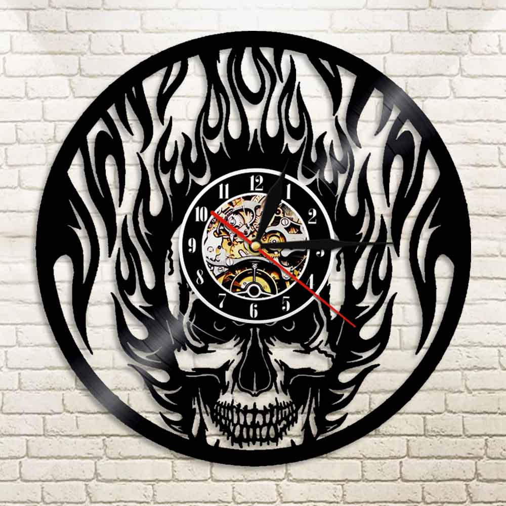 Flaming Skull Wall Clock Skull Head On Fire Vinyl Record Wall Clock Fire Burning Skeleton Halloween Clock by Woody Signs Co. - Handmade Crafted Unique Wooden Creative