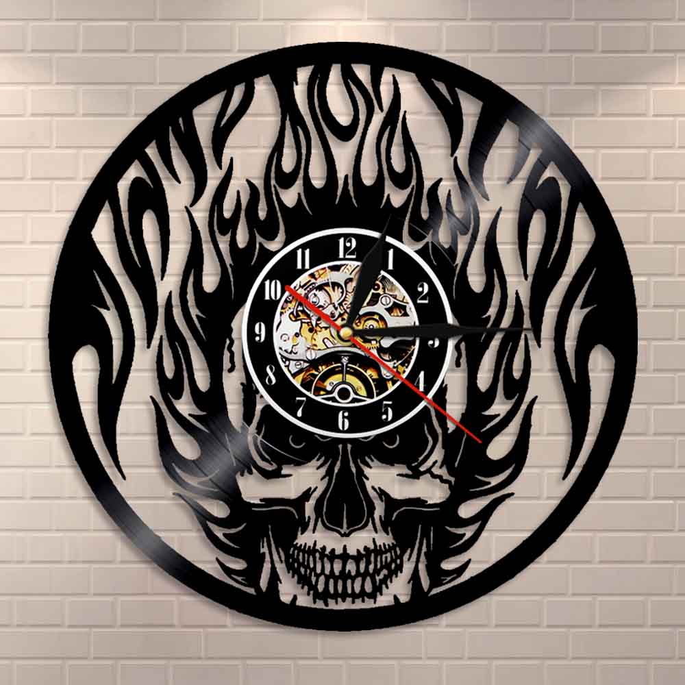 Flaming Skull Wall Clock Skull Head On Fire Vinyl Record Wall Clock Fire Burning Skeleton Halloween Clock by Woody Signs Co. - Handmade Crafted Unique Wooden Creative